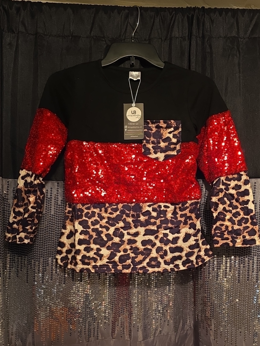 Girls' Black & Red Sequin Leopard-Print Long Sleeve Top